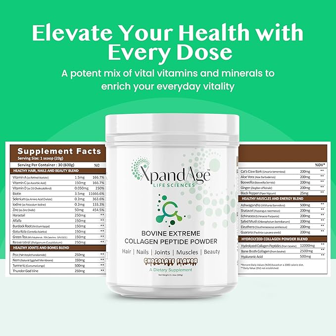 Bovine Extreme Collagen Peptide Powder with biotin,Pea,Guarana,safed musli and Others for Hair, Nails,Energy, Lean Muscle and Joint Health.Flavor Bitter Chocolate