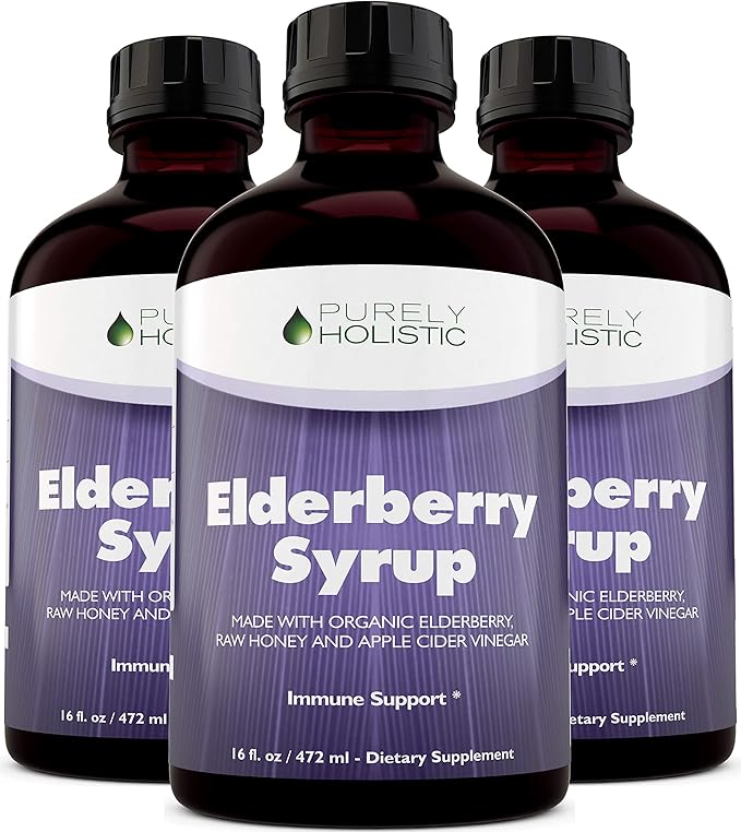 Purely Holistic Organic Elderberry Syrup for Adults & Kids (2+) - 16 fl oz - with Black Sambucus Elderberry, Propolis, Echinacea, Raw Honey & Apple Cider Vinegar - Immune Support and Immune Booster