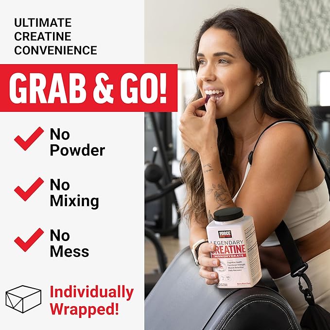 FORCE FACTOR Legendary Creatine Chews, 5g Creatine Monohydrate, Build Muscle, Improve Strength & Recovery, Support Memory & Cognitive Function, Sugar Free, Berry Blast, 60 Soft Chews