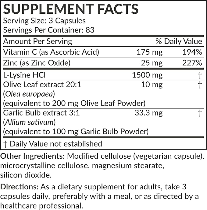 Futurebiotics L-Lysine Defense Immune Support Complex 1500 MG Per Serving with Vitamin C, Zinc, Olive Leaf & Garlic - Non-GMO, 250 Vegetarian Capsules