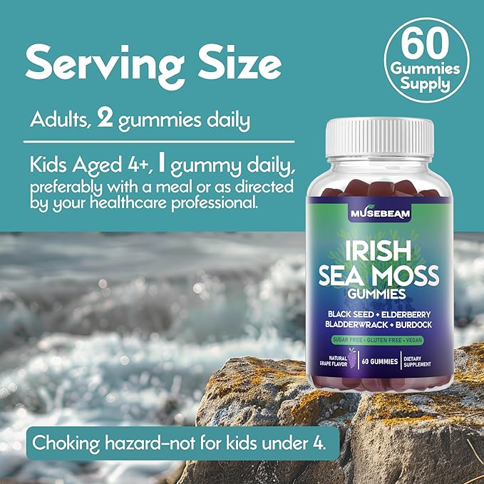 Irish Sea Moss Gummies - with Black Seed Elderberry Bladderwrack Burdock Turmeric Omega-3 Vitamins C D3 Zinc - Seamoss Supplements for Adults Women Men - Sugar-Free Gluten Free Vegan