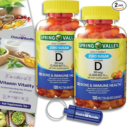 Spring Valley Zero Sugar Vitamin D 50 mcg Gummies Supports Bone & Immune Health 120 Ct 2 pk (240 Total) + Vitamin Guide and Pill Container (4 Items)!