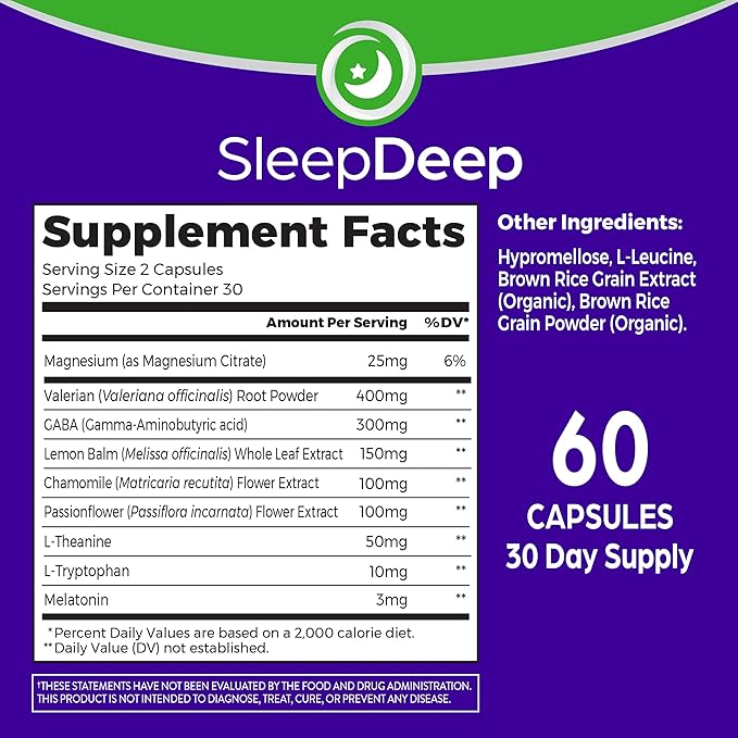 Orgain SleepDeep, Melatonin Sleep Aid Support Supplement with Magnesium, GABA, L-Theanine, L-Tryptophan, Chamomile, Lemon Balm & Valerian Root, Gluten Free, Doctor Formulated - 60 Count, 30 Day Supply