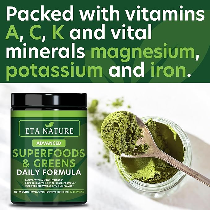50 Super Greens Powder - Greens Superfood Powder with Fruits and Vegetables Supplements - Supergreens Green Powder for Energy, Digestion, Vitality & Immunity - 30 Servings Vegan and Non-GMO