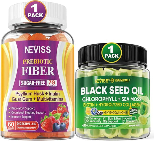 NEVISS Black Seed Oil Gummies, Chlorophyll & Sea Moss Supplement + Prebiotics Fiber Gummies for Adults Sugar Free