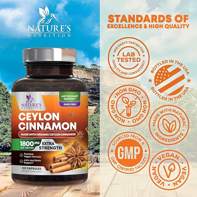 Organic Ceylon Cinnamon Supplement 1800mg - Certified Organic Ceylon Cinnamon Powder Pills - Energy & Heart Support for Women & Men, Bottled in USA, Antioxidant, Gluten Free, Non-GMO - 120 Capsules