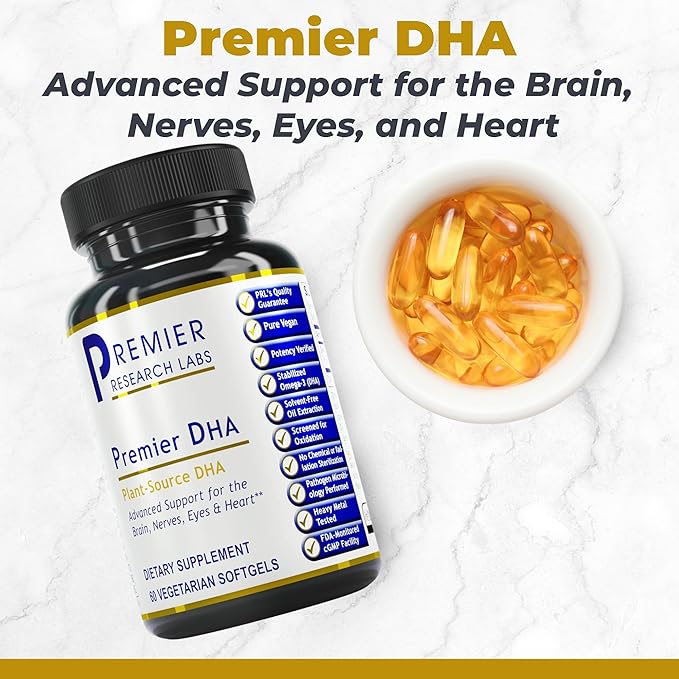 Premier DHA, 60 Softgels, Vegan Product - Plant-Source DHA for Premier Support for The Brain, Nerves, Eyes and Heart