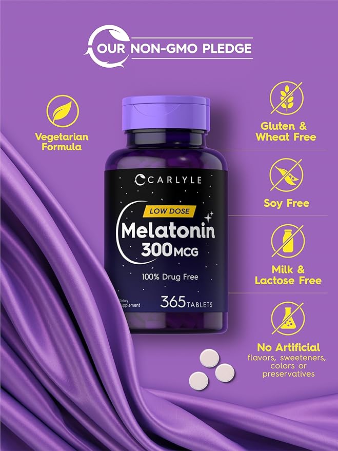 Carlyle Melatonin 300 mcg | 365 Tablets | Low Dose | Vegetarian, Non-GMO, Gluten Free