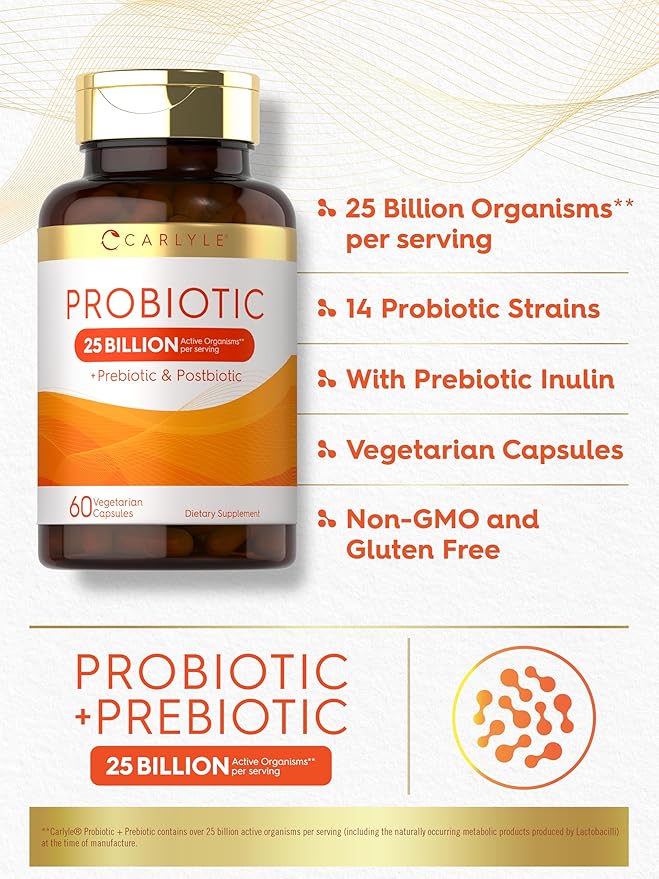 Carlyle Probiotic with Prebiotics & Postbiotics | 25 Billion CFU | 60 Capsules | Supplement for Women & Men | Powder Pills | Vegetarian, Non-GMO & Gluten Free