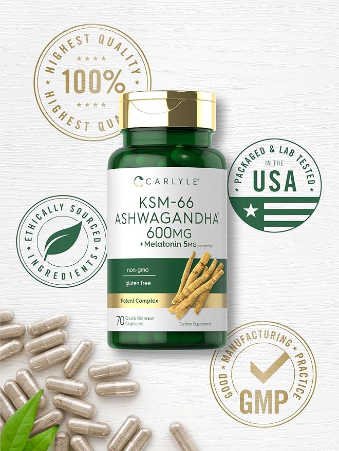 Carlyle KSM-66 Ashwagandha Capsules 600mg | 70 Count | with Melatonin 5mg | Potent Complex | Non-GMO, Gluten Free