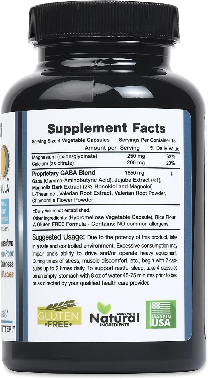 GABA 2,300mg Strength - 24/7 Daily Day/Night Formula - Natural Relaxant - Plus Magnesium, Valerian Root.