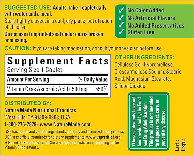 Nature Made Vitamin C 500 mg Caplets 100 Ct (Pack of 4)