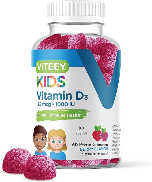 Vitamin D3 Kids Gummies 25mcg 1000 IU - Bone Health, Immune Health, Joint Muscle Support - Vegetarian, Gelatin Free, Gluten Free, GMO Free - Tasty Chewable Berry Flavored Gummy