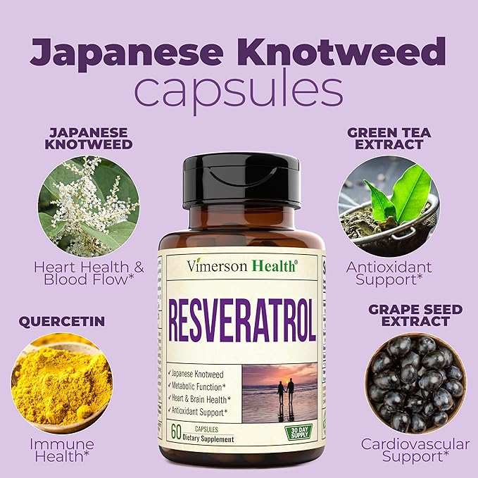Japanese Knotweed Capsules - Resveratrol Supplement with 1000mg Japanese Knotweed, Green Tea Extract, Quercetin, Grape Extract. Potent Antioxidant for Healthy Aging & Cardiovascular Support. 60 Caps
