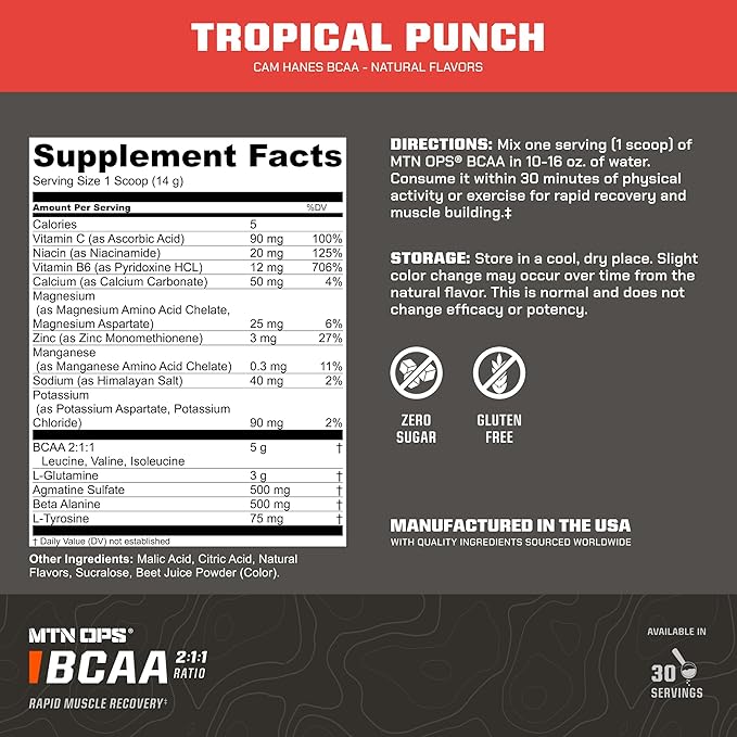 MTN OPS BCAA Powder, 2:1:1 Amino Acids Supplement Powder for Rapid Muscle Recovery & Repair with Zero Sugar & Gluten Free - 30-Serving Tub Tropical Punch Flavor, Cameron Hanes Keep Hammering Series