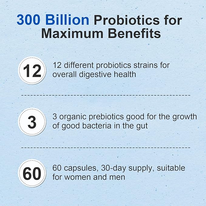 Probiotic 300 Billion CFU - 12 Strains with Organic Prebiotics for Digestive & Gut, Immune, Bloating Health - Probiotics for Women and Men - Daily Dairy Free, Shelf Stable - 60 Counts