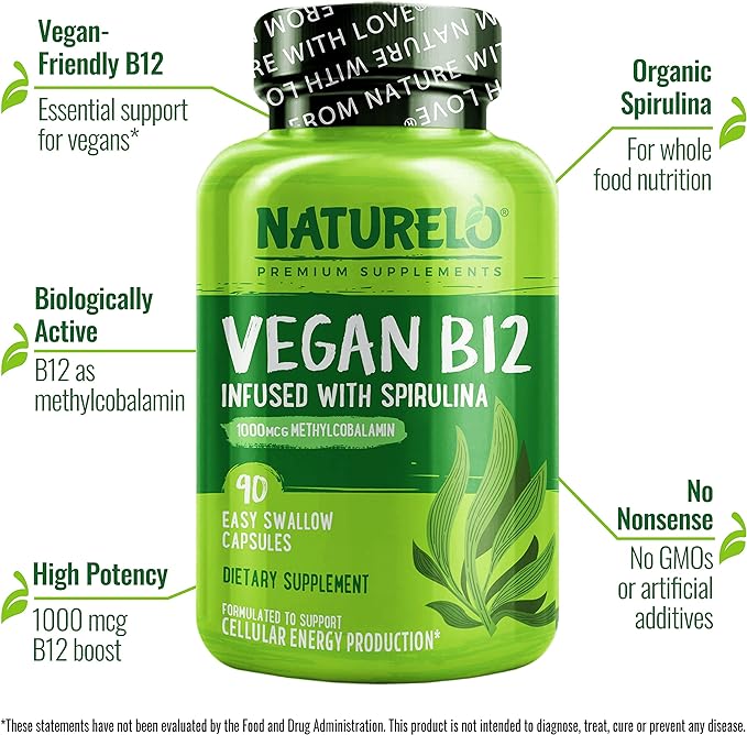 NATURELO Vegan B12 - Methyl B12 with Organic Spirulina - High Potency Vitamin B12 1000 mcg Methylcobalamin - Supports Healthy Mood, Energy, Heart & Eye Health - 90 Capsules (Pack of 2)