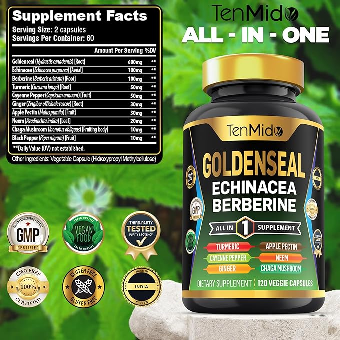 Goldenseal Root Supplement - 10in1 Formula - Combine with Echinacea, Berberine, Turmeric, Cayenne Pepper, Ginger, Apple Pectin, Neem, & More - Digestive Health Support - 120 Capsules