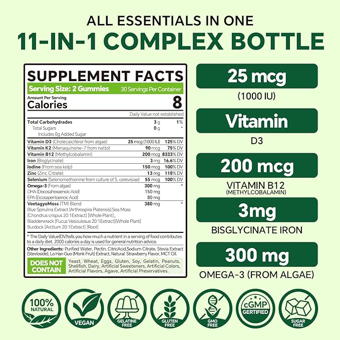 Vitamin D3 + K2-1000IU D3 90mcg K2 - Multivitamin for Vegetarian & Adults w/Algae Omega-3,Iron,Methyl B12,Seamoss,Iodine for for Bone,Muscle,Energy,Immunity Support- Sugar Free,Gluten-Free,120 Count