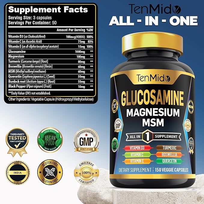 Glucosamine MSM Supplement for Men and Women - 11in1 Formula - Combine with Magnesium, Turmeric, Boswellia, Quercetin, Burdock Root, and More | Joint & Mobility Support - 150 Capsules