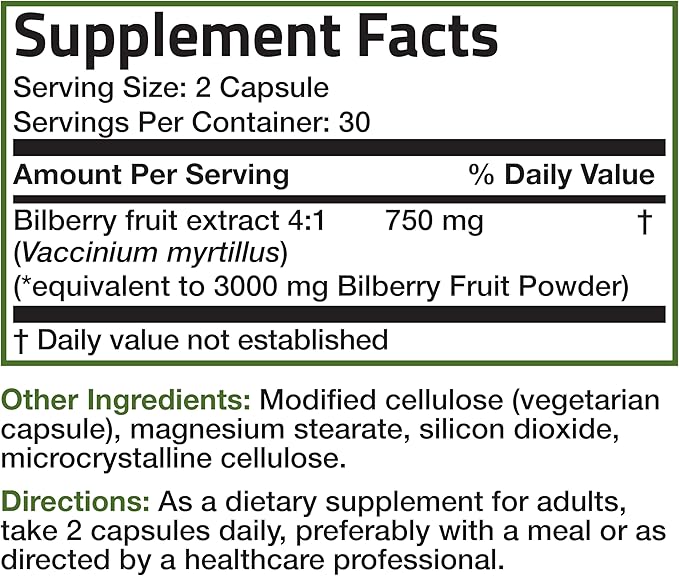 Bronson Bilberry Extra Strength Vaccinium Myrtillus, Promotes Eye Health and Supports Healthy Vision - Non GMO, 60 Vegetarian Capsules