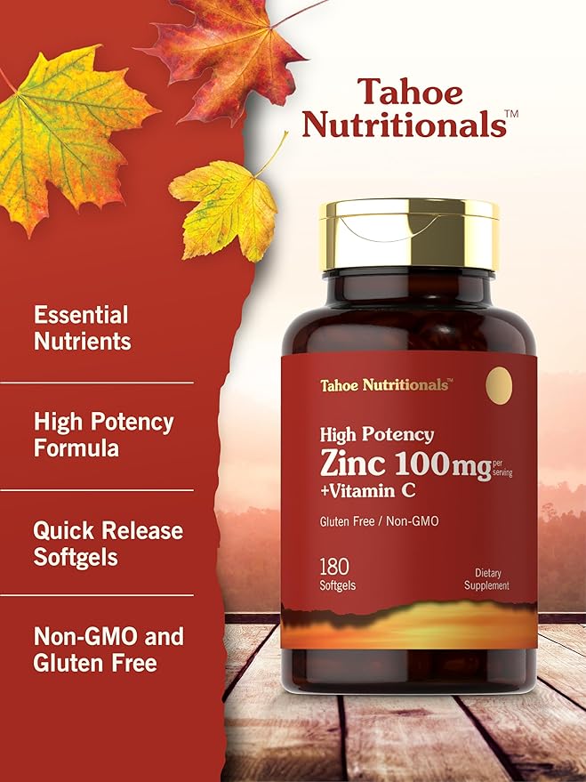 Carlyle Zinc Supplement 100mg with Vitamin C | 180 Softgels | Non-GMO, Gluten Free | Tahoe Nutritionals