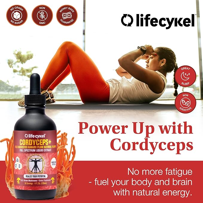 Lifecykel Cordyceps Mushroom Extract with Kakadu Plum - Energy, Stamina & Vitality Support, Natural Aging Supplement - Non-GMO and Vegan Tincture - 1Fl Oz