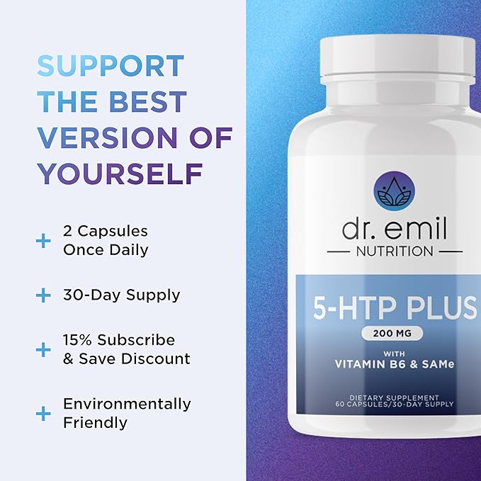 DR. EMIL NUTRITION 200 MG 5-HTP Plus with SAM-e to Maintain Normal Healthy Sleep and Create a Sense of Wellbeing - 5HTP Supplement with Vitamin B6-60 Vegan Capsules, 30 Servings