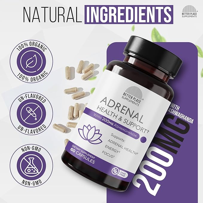 Better Place Supplements Adrenal Health & Support - 60 Capsules | Non-GMO Formula with L-Tyrosine & 200mg Ashwagandha | Supports Energy, Focus, Fatigue Relief (1)