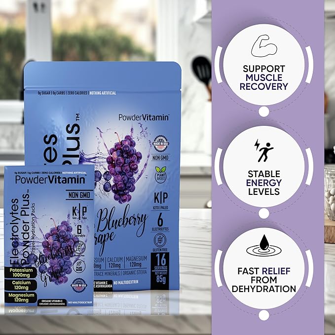 Electrolytes Powder Plus, Keto, Blueberry Grape, Sugar Free, Pink Himalayan Salt, 1000mg Potassium, 120mg Calcium, 120mg Magnesium, Non-GMO, Zero Calories, (16 Hydration Packets)