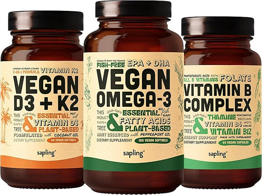 Vegan Omega 3 180 Softgels & Vegan D3 + K2 & Vitamin B Complex Bundle - Plant Based DHA & EPA Fatty Acids, 4000 IU Vitamin D3 and 100mcg Vitamin K2, Essential B Vitamins