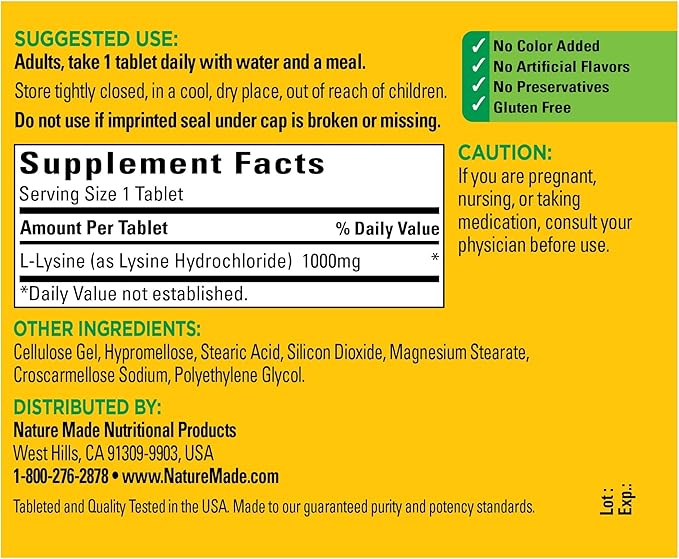 Nature Made L-Lysine 1000 mg, Dietary Supplement, 60 Tablets, 60 Day Supply