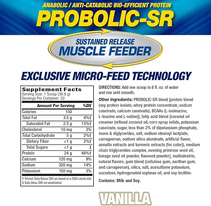 Maximum Human Performance Probolic-SR Sustained Release Protein Powder, 24g Protein, BCAAs, Glutamine, Arginine, Pre-Workout, Post-Workout, Nighttime Protein, 4lbs, 52 Servings, Vanilla