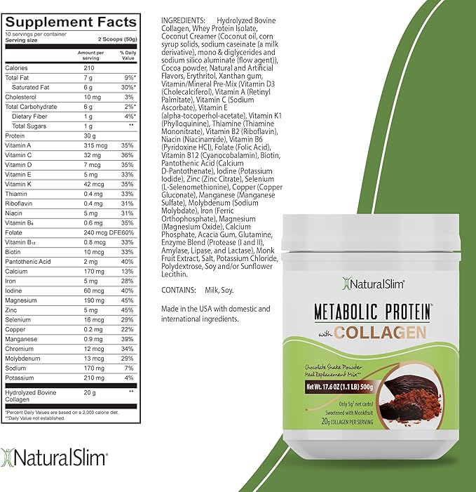 NaturalSlim Metabolic Protein Powder with Collagen Chocolate - Hydrolyzed Collagen Protein Powder for Hair, Skin, Bone, and Metabolism - Low Carb Meal Replacement Shake Mix - 17.6 oz