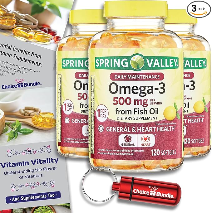 Spring Valley Fish Oil Omega 3 Fatty Acid Supplement Lemon Softgels 500 mg 120 Ct 3 pk (360 Total) + Vitamin Guide and Pill Container (5 Items)!