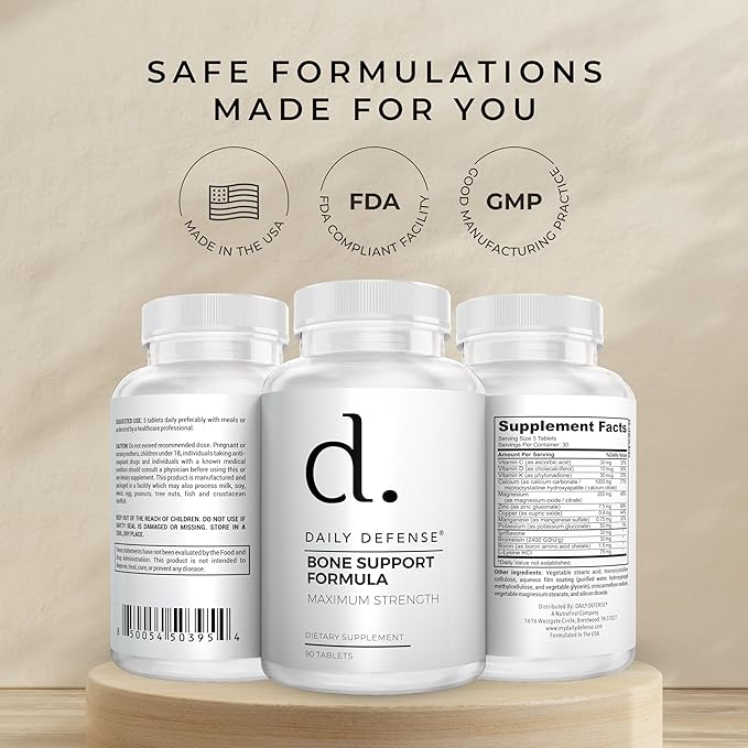Calcium Supplements for Women & Men - Daily Defense Bone Support Formula with Calcium 1000mg, Magnesium, L-Lysine HCl, & More - for Better Flexibility & Mobility - 90 Easy to Swallow Calcium Tablets
