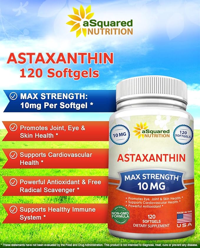 aSquared Nutrition Astaxanthin Supplement - Natural Astaxanthin Pills from Haematococcus Pluvialis Extract for Pure Energy - Max Strength 10mg - 120 Softgels