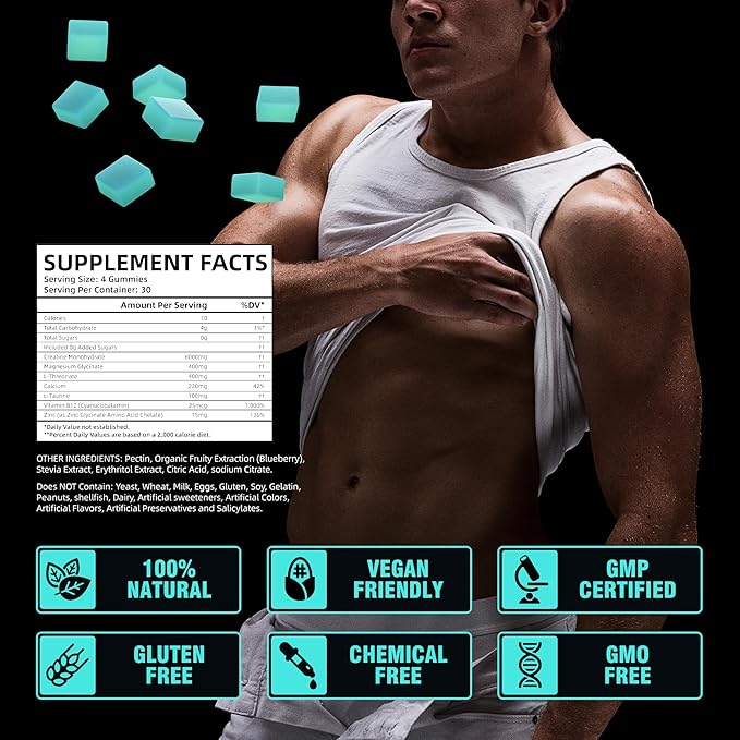 Creatine Monohydrate Gummies for Men & Women - 120 Sugar Free Gummies with Magnesium Glycinate, L-Threonate, L-Taurine + Vitamin B12 for Muscle Support, Energy Boost, 1 Pack