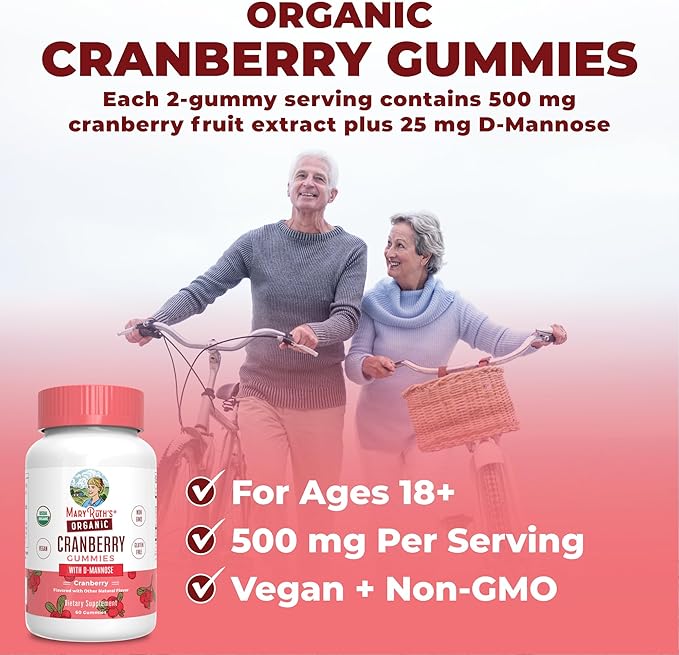 Organic Cranberry Gummies by MaryRuth's | 500mg Cranberry Supplement | Urinary Tract Health for Women | with D Mannose | Traditional Use | USDA Organic | Vegan | Non GMO | 30 Servings