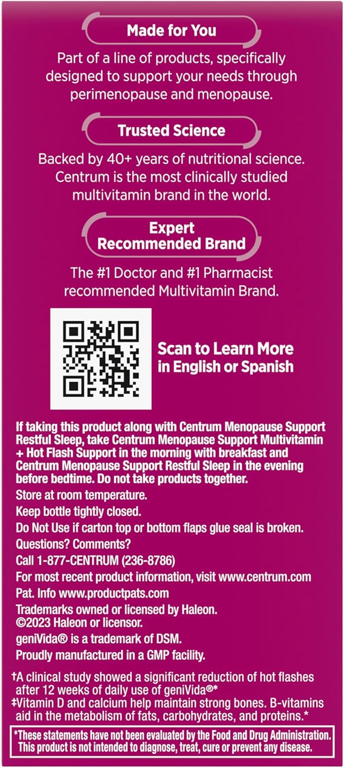 Centrum Complete Multivitamin Supplement + Hot Flash Support Menopause Support Tablets, with Clinically Studied geniVida, 30 Count