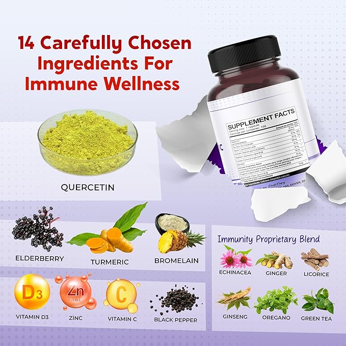Quercetin Elderberry Turmeric Vitamin C Zinc - Immunity Support - Made in USA