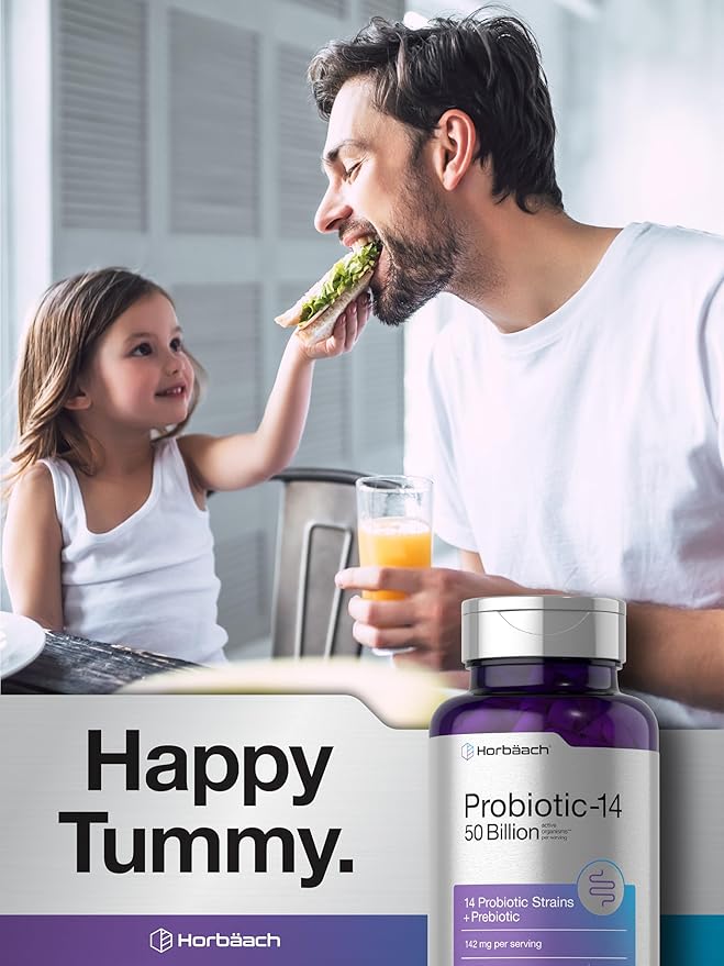 Horbaach Probiotics for Women and Men | 60 Capsules | 14 Probiotic Strains with Prebiotic | 50 Billion Active Organisms | Non-GMO & Gluten Free Supplement