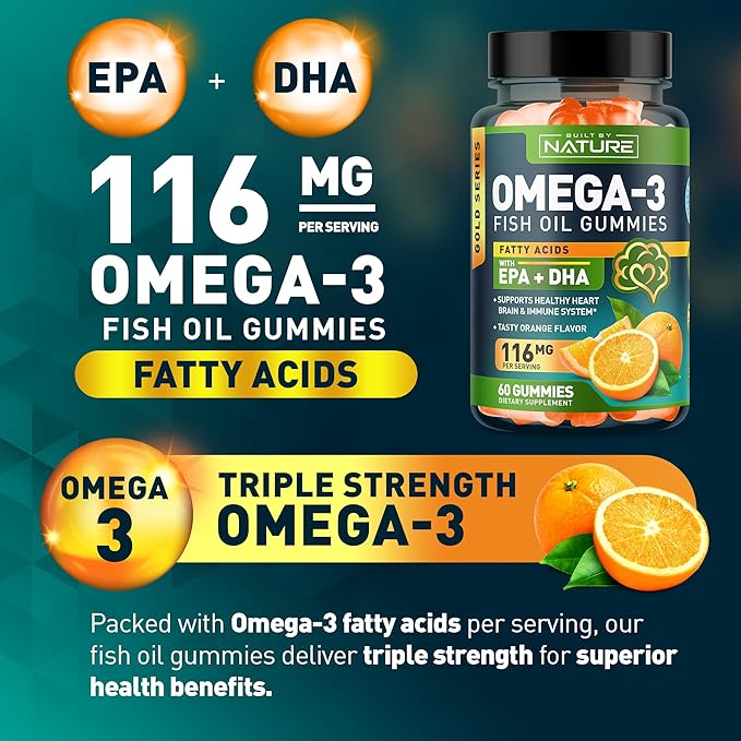 Omega 3 Fish Oil Gummies with EPA & DHA from Wild Fish - Triple Strength Omega 3 Fish Oil Gummy, Supports Healthy Heart, Brain & Immune System, Burpless & Natural - 60 Gummies, 30 Day Supply