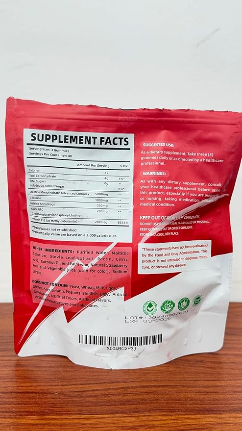 Creatine Monohydrate Gummies Complex for Men & Women - 120 Gummies Advanced Formula, L-Taurine + Vitamin B12 for Muscle Strength, Muscle Builder, Energy Boost, Pre-Workout Supplement-Strawberry