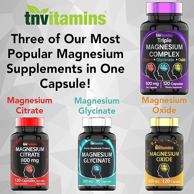 Triple Magnesium Complex Supplement 500mg: Magnesium Glycinate, Citrate, & Oxide - 120 Capsules (4 Month Supply!) | 1 Capsule Serving Provides 125% Daily Value | Non-GMO, Made in The USA!