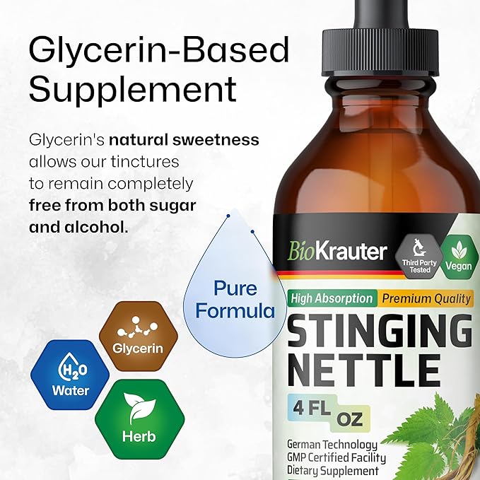 BIO KRAUTER Stinging Nettle Tincture - Nettle Root Extract Liquid - Urinary Support Supplement - Urtica Dioica Natural Extract - Vegan, Sugar & Alcohol Free Drops 4 Fl.Oz.