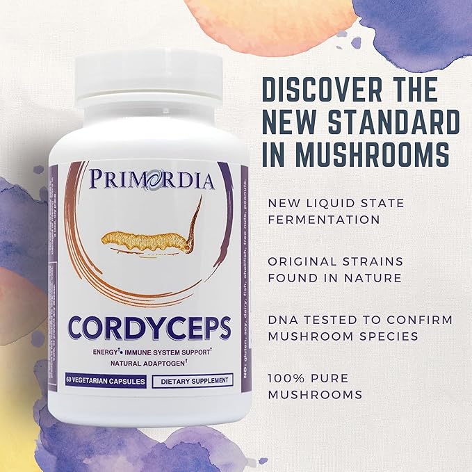 Primordia Pure Cordyceps Mushroom Supplement, 60 Capsules, Liquid State Fermentation, Cordyceps Sinensis Mushrooms, Immune Function Support, Boosts Energy & Endurance