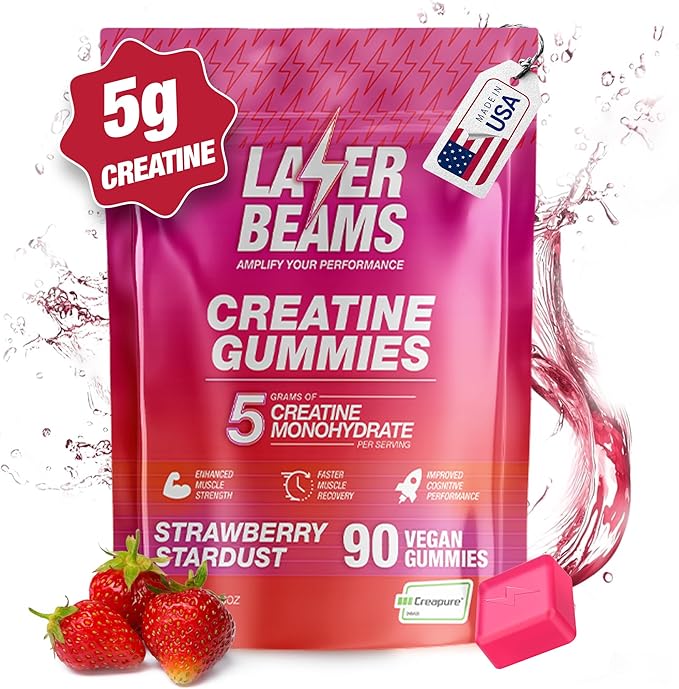 Creatine Monohydrate Gummies - 5g Creapure Creatine per Serving - Vegan, Strawberry Stardust Flavor - Boost Muscle Strength, Endurance, Recovery & Mental Focus - 90 Gummies, Gluten-Free