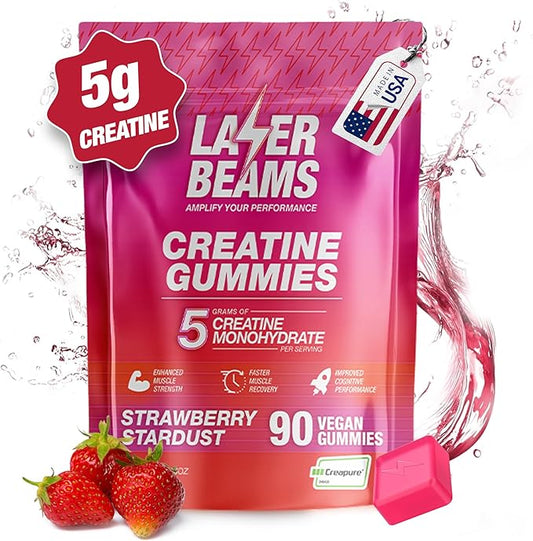 Creatine Monohydrate Gummies - 5g Creapure Creatine per Serving - Vegan, Strawberry Stardust Flavor - Boost Muscle Strength, Endurance, Recovery & Mental Focus - 90 Gummies, Gluten-Free