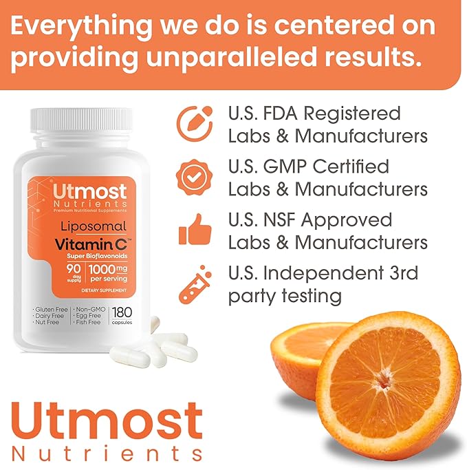 Liposomal Vitamin C - 1000MG VIT C & 100MG Super Bioflavonoid Complex for Enhanced Wellness | Antioxidant Supplement with Natural Raw Ingredients for Adults | Advanced Support | Non-GMO (180 capsules)